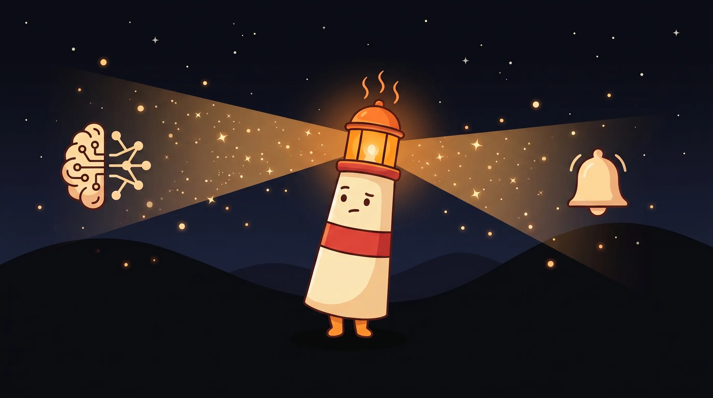 Beacon the lighthouse character shining a warm amber glow onto a small business calendar and CRM notification screen.