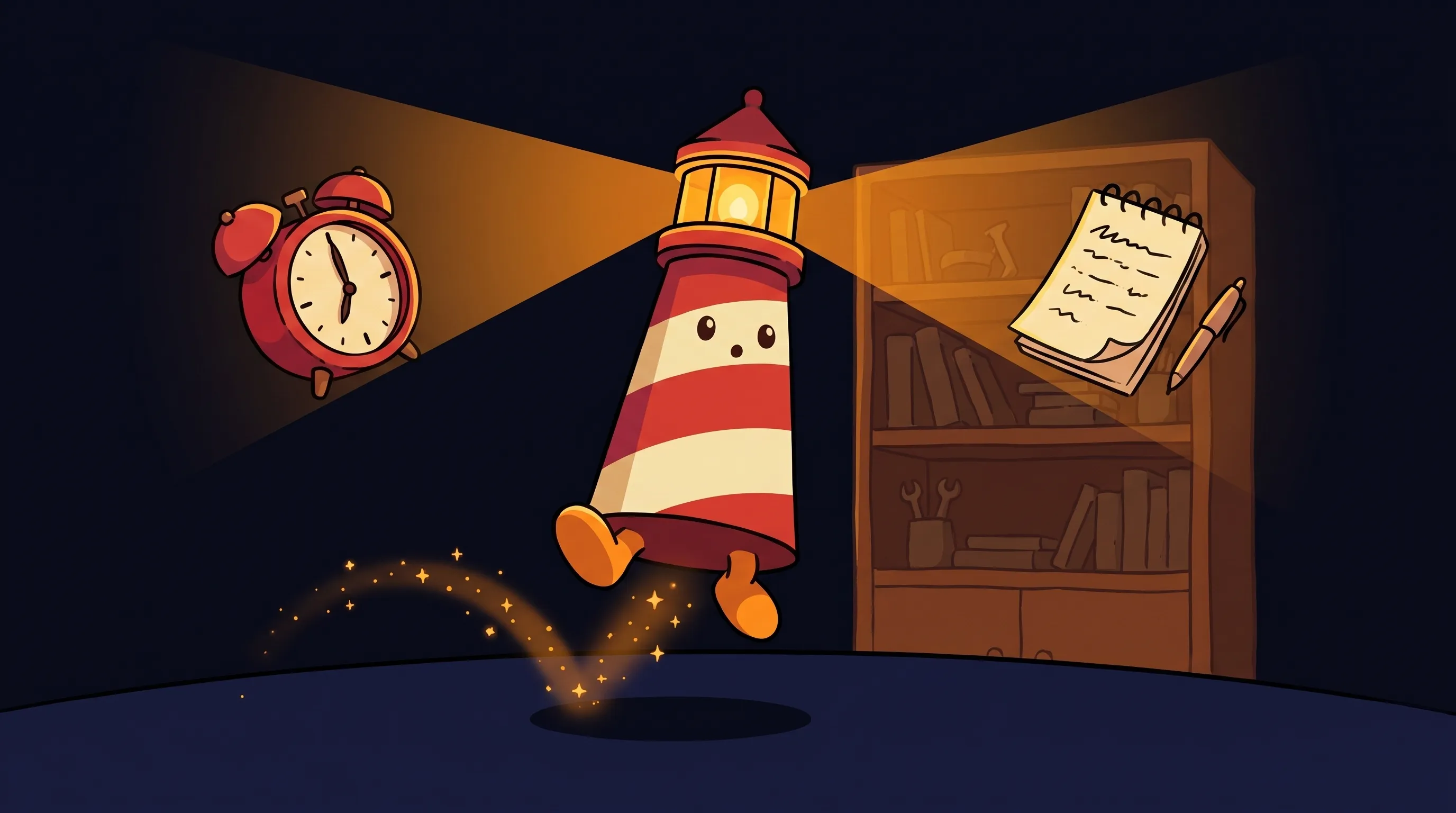 Beacon the lighthouse illuminating a CRM dashboard and calendar reminders, symbolizing AI-powered follow-up tools for smal…